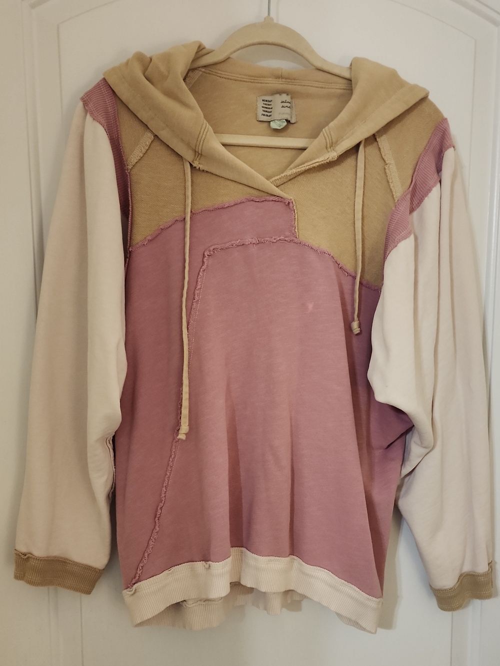 Saturday Sunday Patchwork Hooded Sweatshirt in Dusty Pink, Tan & Cream